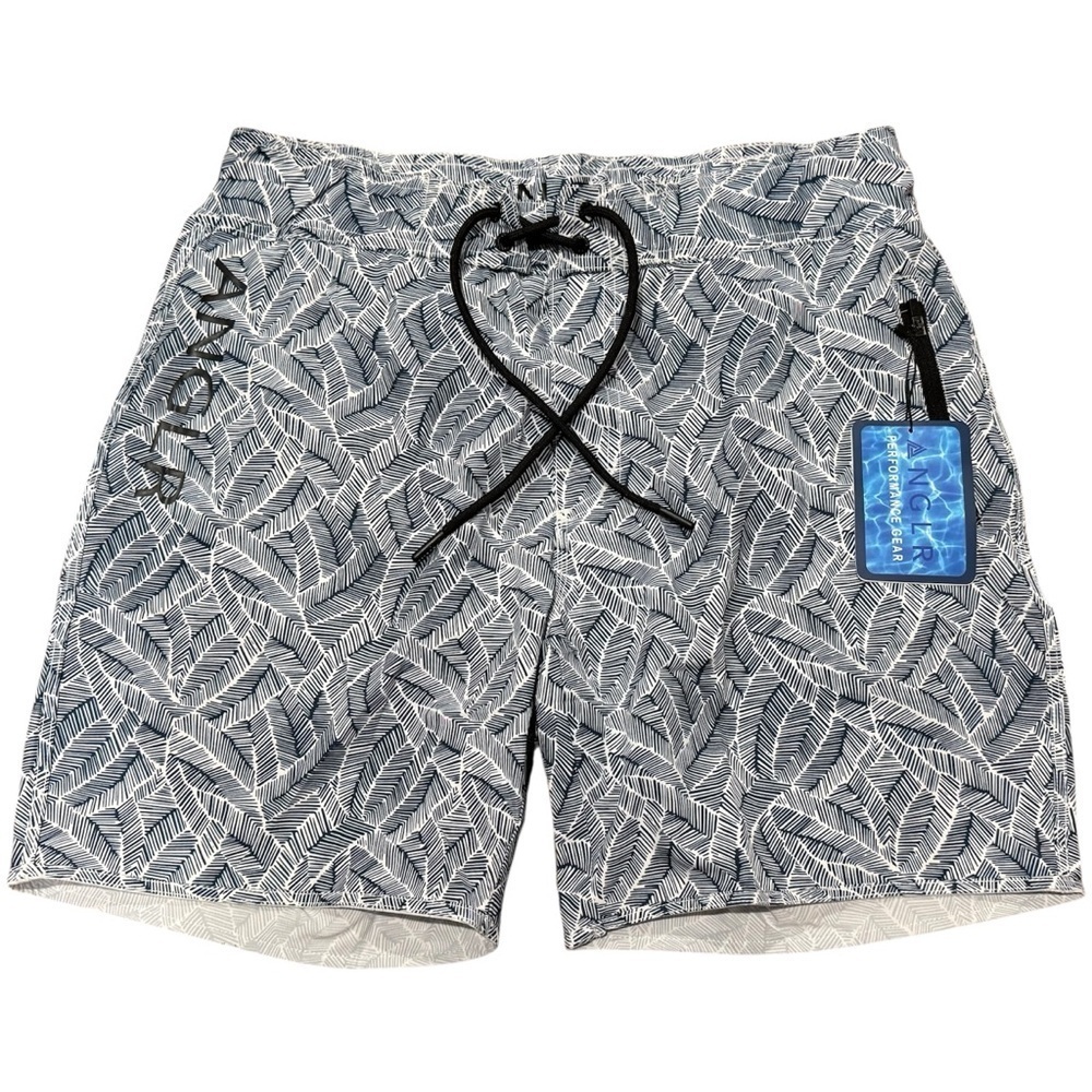 ANGLR MENS "PALM LEAF PRINT" SWIMSUIT Size XL NWT Navy Blue & White